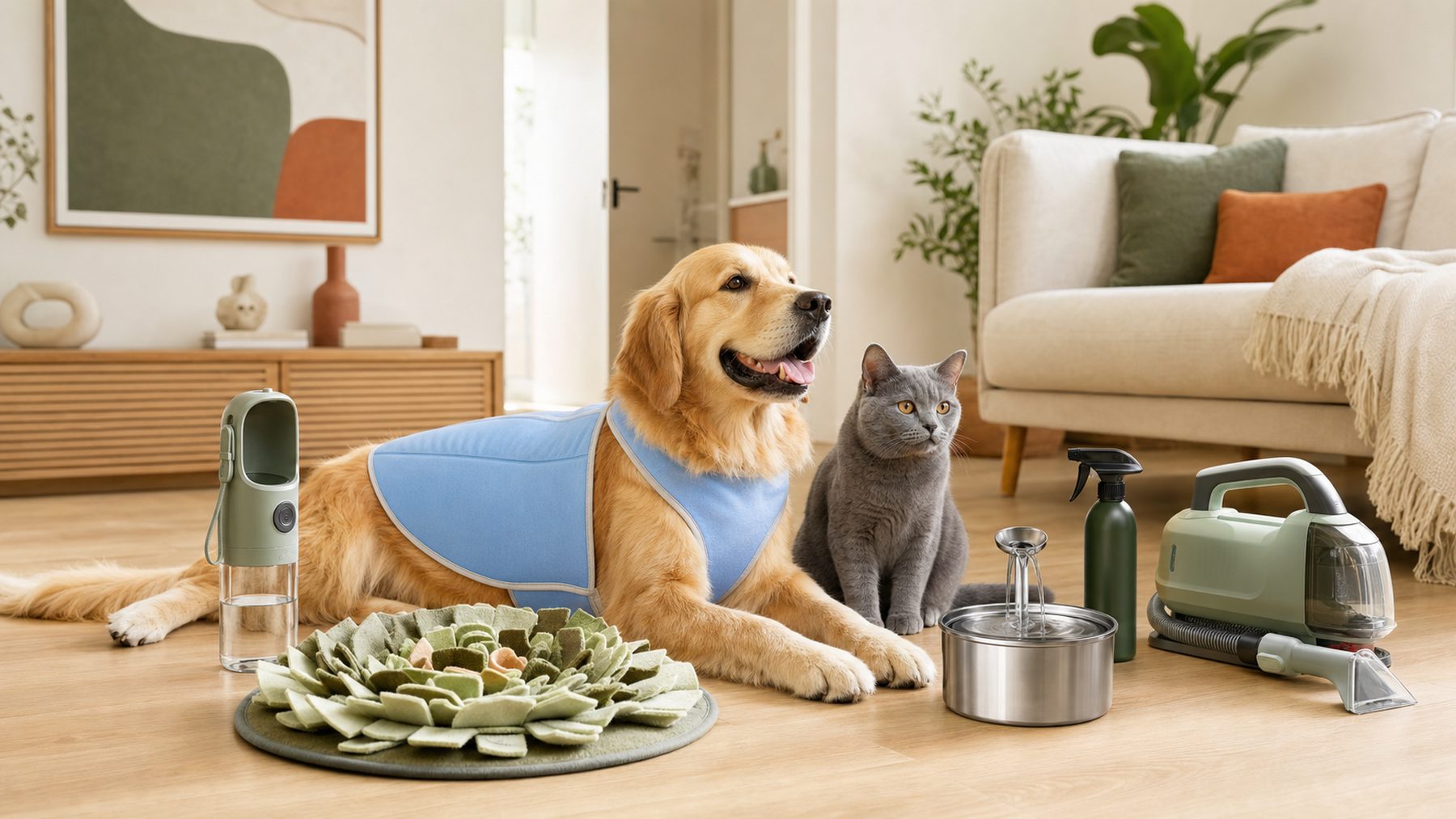 Собака и кошка дома рядом с товарами Rensa
